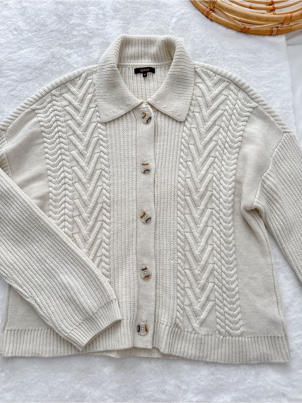Quince Australian Merino Wool Women's Collared Cable Cardigan Heather Bone Cream - Picture 7 of 13